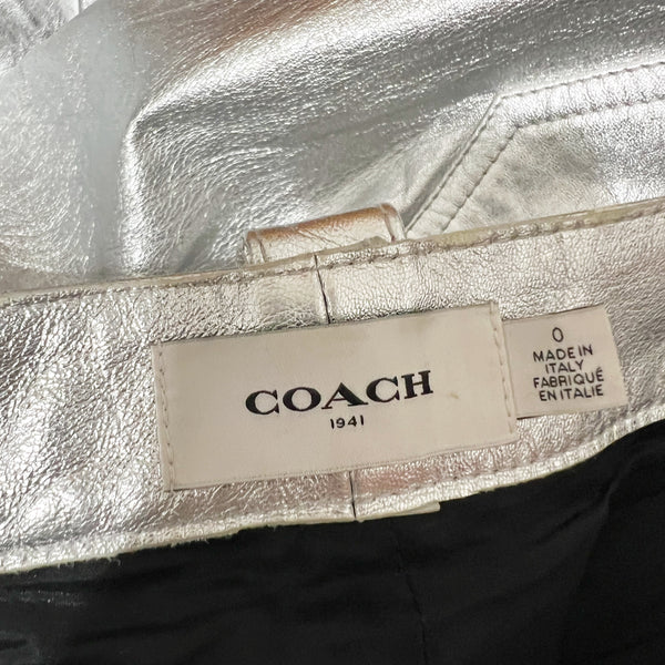 Coach Made In Italy Genuine Leather Straight Leg Silver Metallic Trouser Pants 0