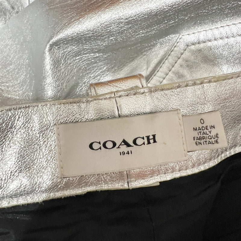 Coach Made In Italy Genuine Leather Straight Leg Silver Metallic Trouser Pants 0
