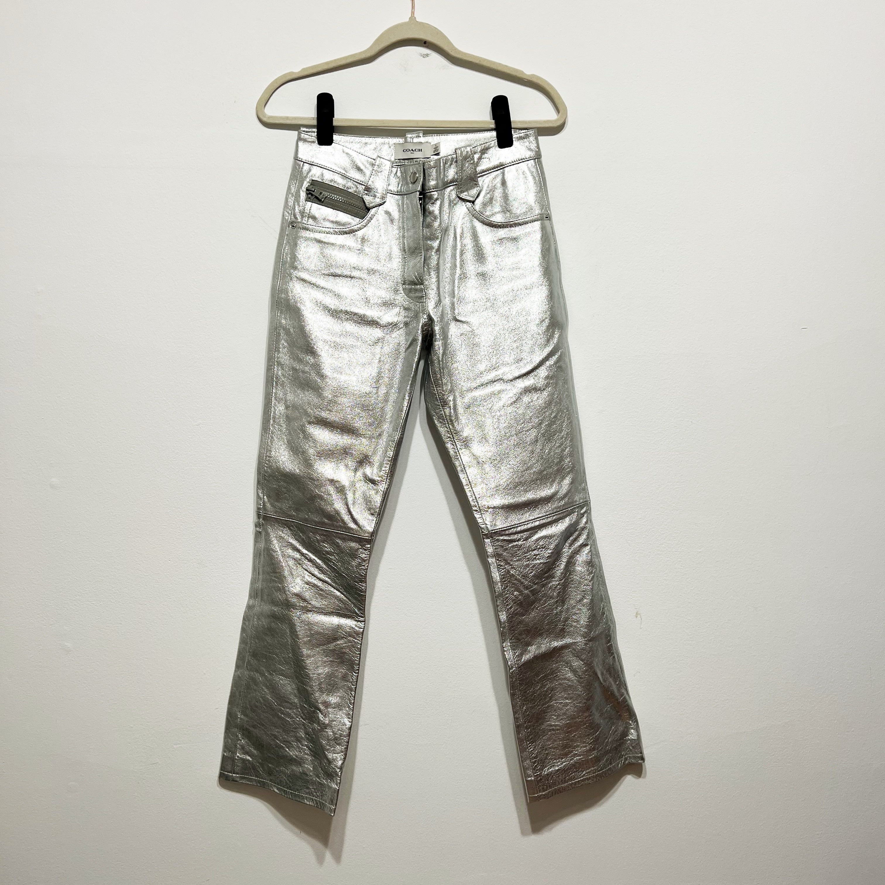 Coach Made In Italy Genuine Leather Straight Leg Silver Metallic Trouser Pants 0