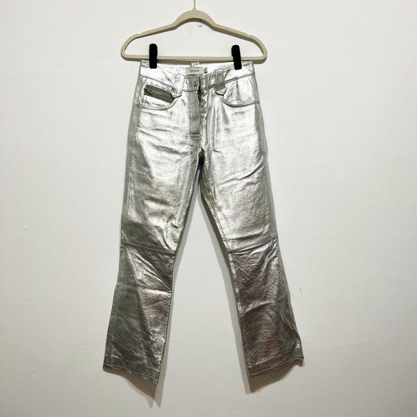 Coach Made In Italy Genuine Leather Straight Leg Silver Metallic Trouser Pants 0