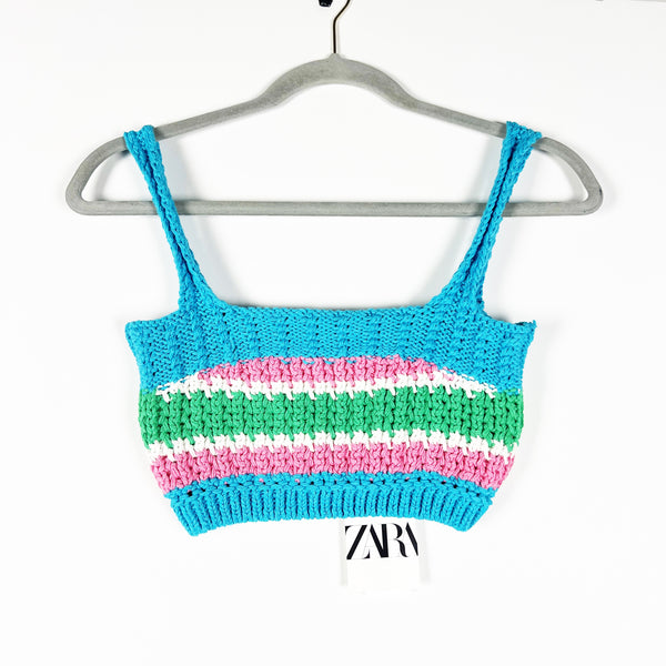 NEW Zara Cotton Blend Blue Green Pink Stripe Crochet Sweater Knit Crop Tank Top