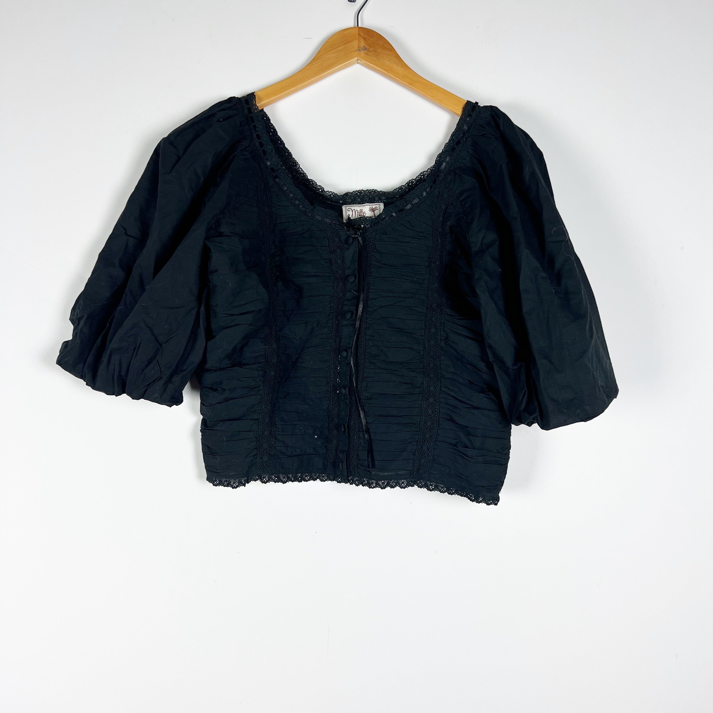 NEW Mille Ophelia Cotton Ruched Puff Half Sleeve Blouse Shirt Top Black Small