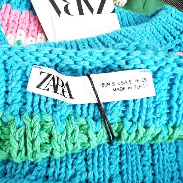 NEW Zara Cotton Blend Blue Green Pink Stripe Crochet Sweater Knit Crop Tank Top