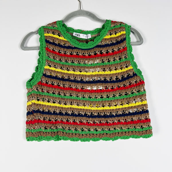 NEW Zara Cotton Blend Crochet Knit Multi Color Stripe Crew Neck Tank Top Sweater