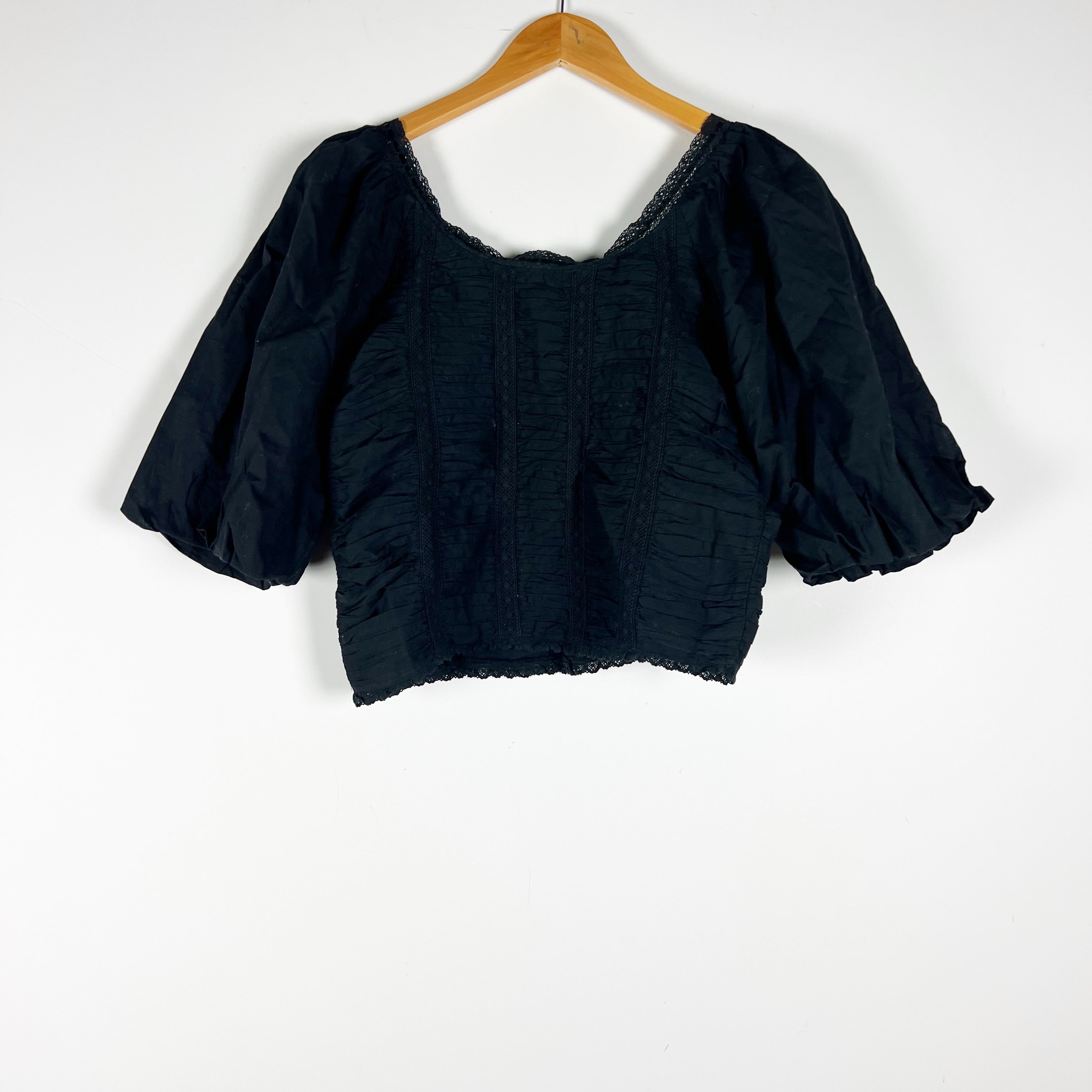 NEW Mille Ophelia Cotton Ruched Puff Half Sleeve Blouse Shirt Top Black Small