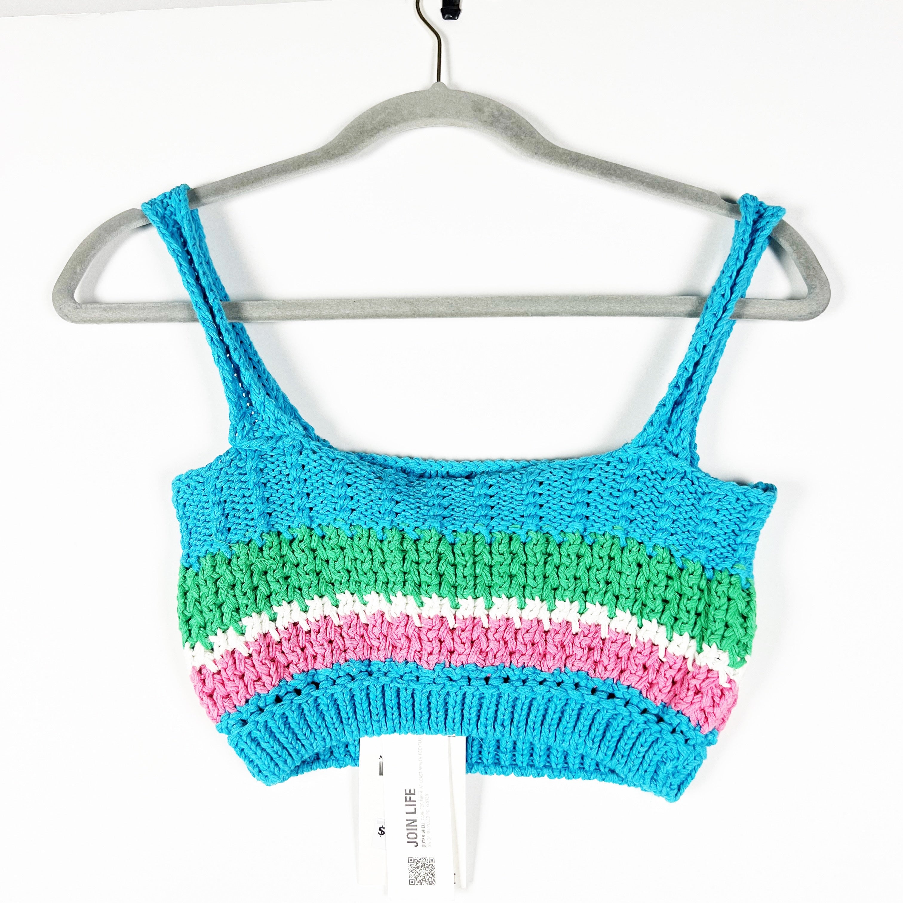 NEW Zara Cotton Blend Blue Green Pink Stripe Crochet Sweater Knit Crop Tank Top