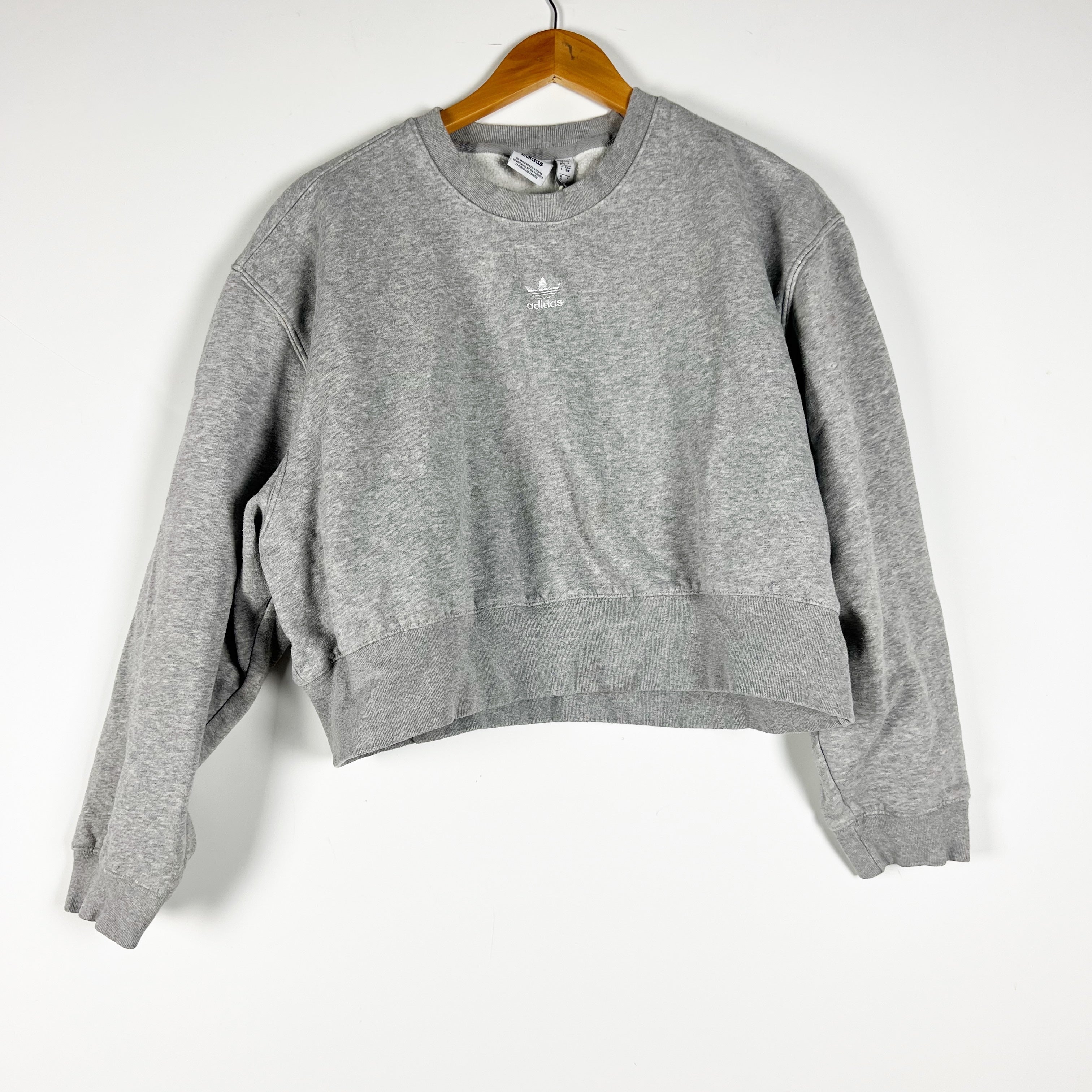 Adidas Women's Cotton Fleece Lined Crew Neck Pullover Cropped Sweatshirt Gray S