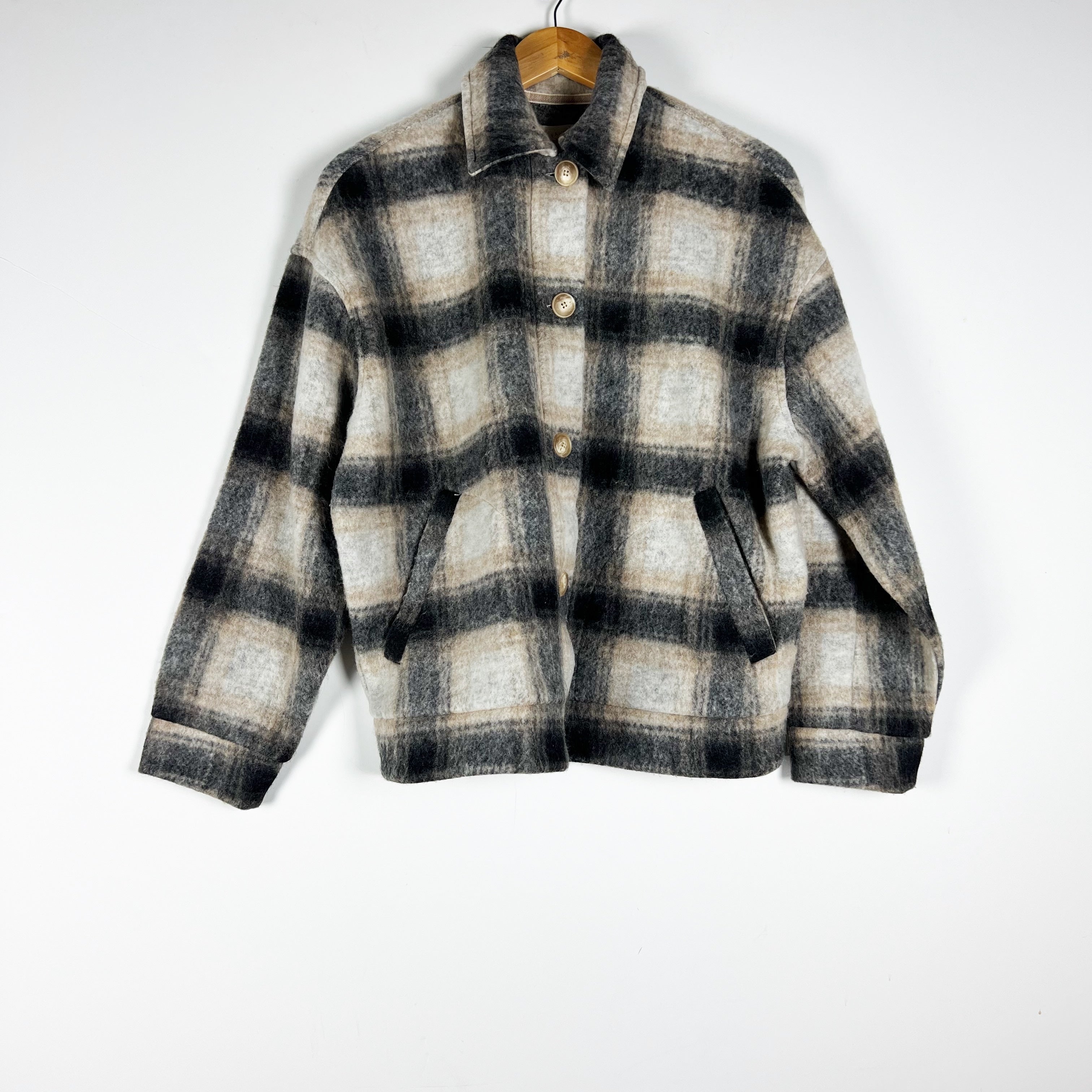Faherty Women's Rocky Ridge Plaid Wool Fleece Jacket Twilight Bend Gray XS/S