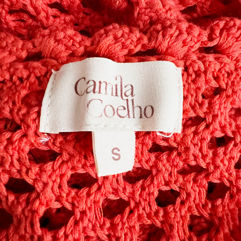 Camila Coelho Athena Cotton Blend Sweater Crochet Knit Coral Red Midi Dress S