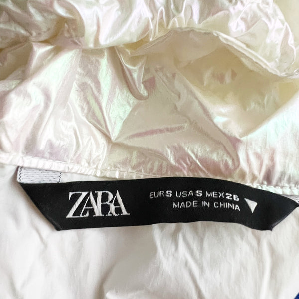 Zara White Pearl Holographic Metallic Full Zip High Neck Multi Pocket Jacket S