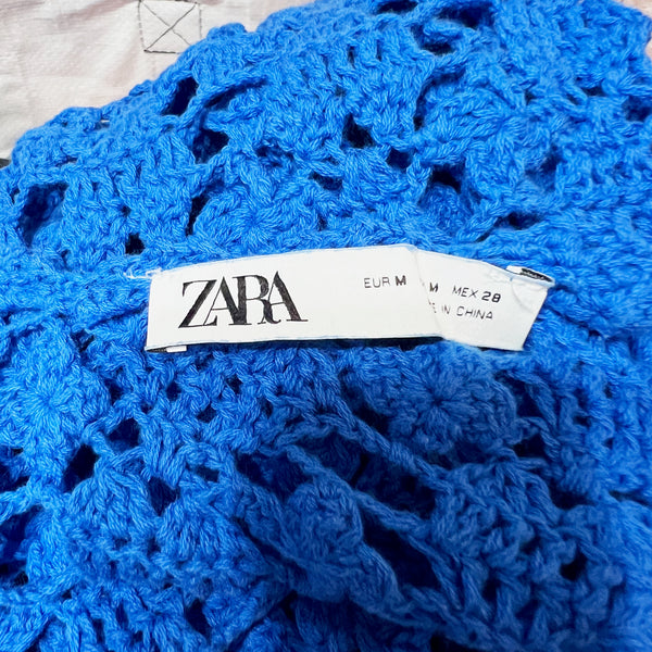 Zara Cotton Crochet Knit Semi Sheer Scoop Neck Sleeveless Mini Dress Blue Medium