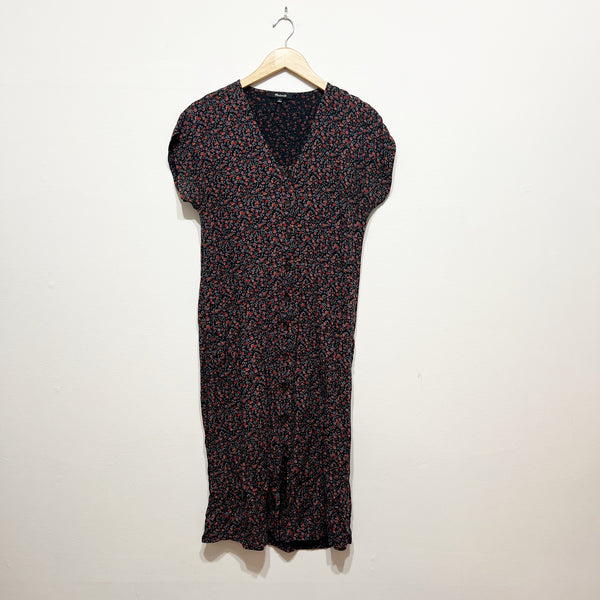 Zara Micro Floral Flower Print Pattern Button Front Cap Short Sleeve Midi Dress
