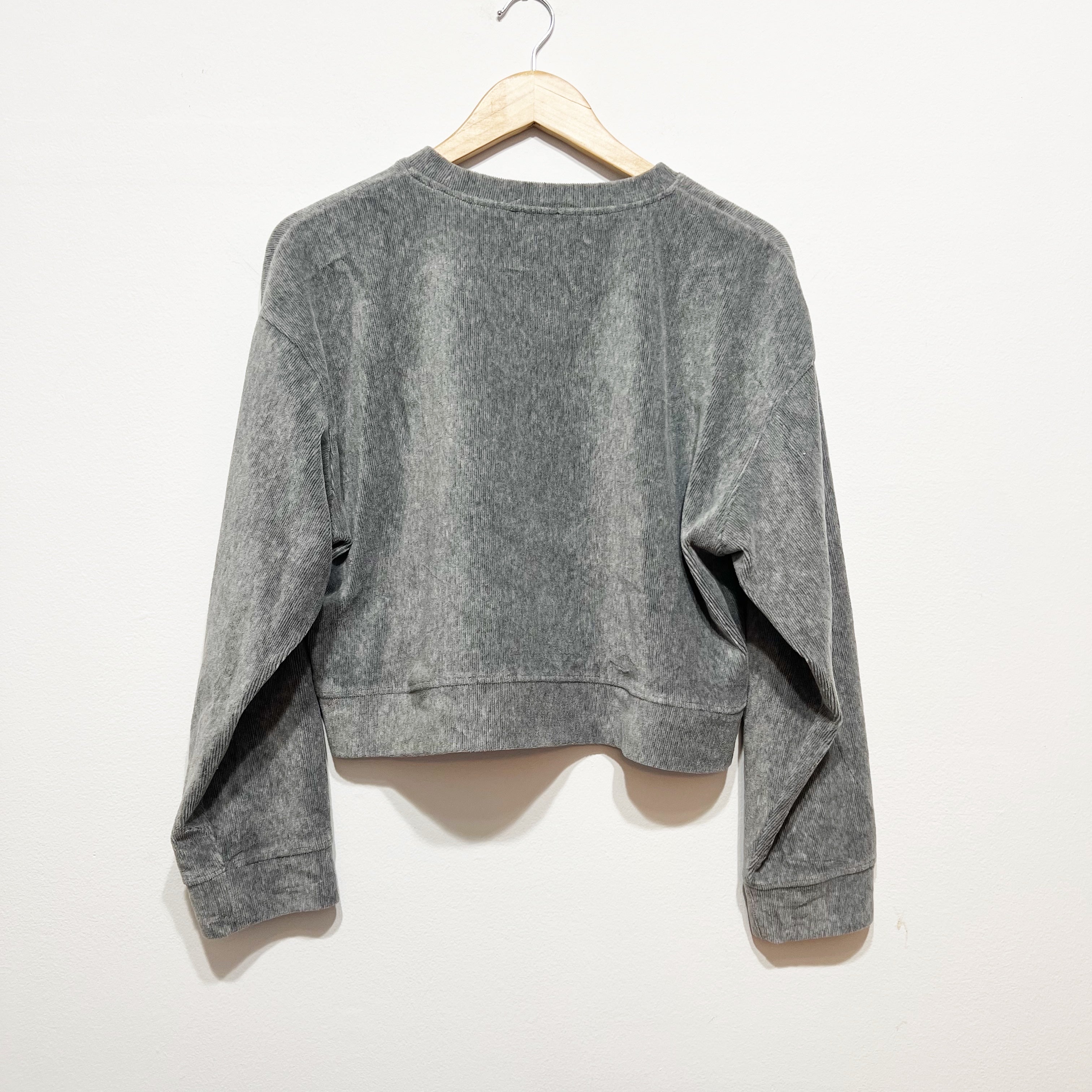 Zara Ribbed Velvet Velour Crew Neck Pullover Long Sleeve Sweater Gray Medium