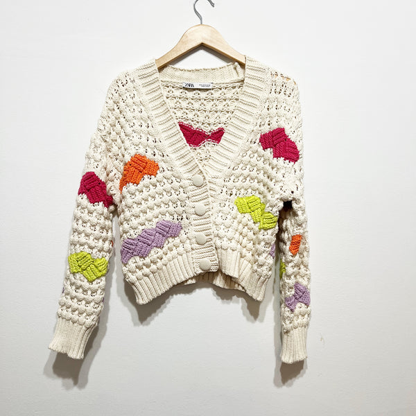 Zara Chunky Crochet Cotton Knit V Neck Button Front Cardigan Sweater Medium