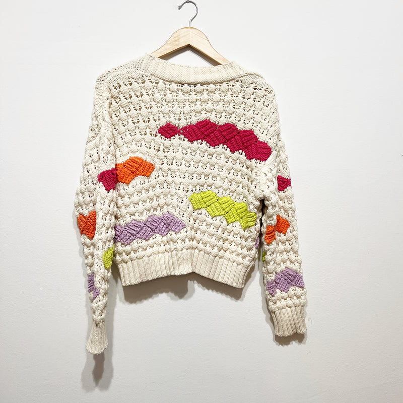 Zara Chunky Crochet Cotton Knit V Neck Button Front Cardigan Sweater Medium