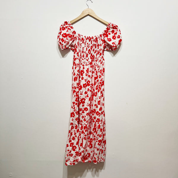 Zara Cotton Blend Smocked Bodice Puff Sleeve Tiered Midi Dress Red White Floral