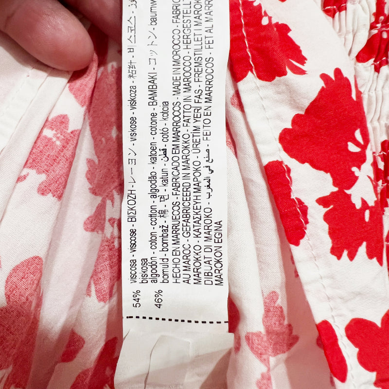 Zara Cotton Blend Smocked Bodice Puff Sleeve Tiered Midi Dress Red White Floral