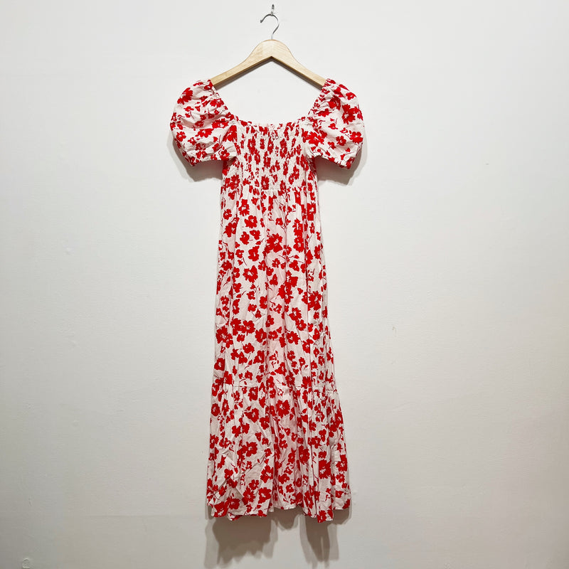 Zara Cotton Blend Smocked Bodice Puff Sleeve Tiered Midi Dress Red White Floral