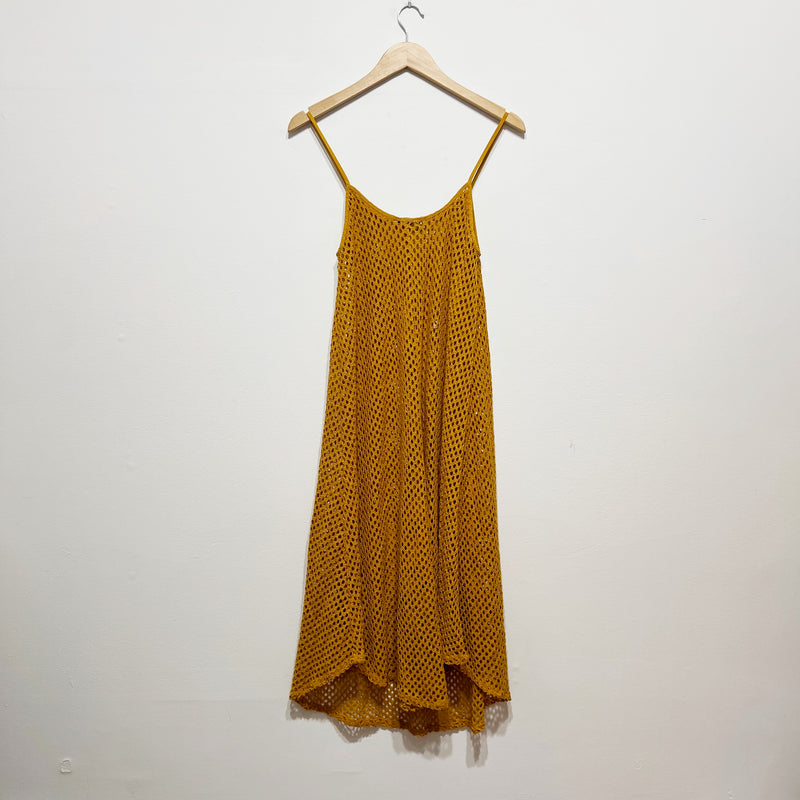 Zara Fishnet Crochet Knit Open Hole Semi Sheer Pullover Midi Dress Neutral Small