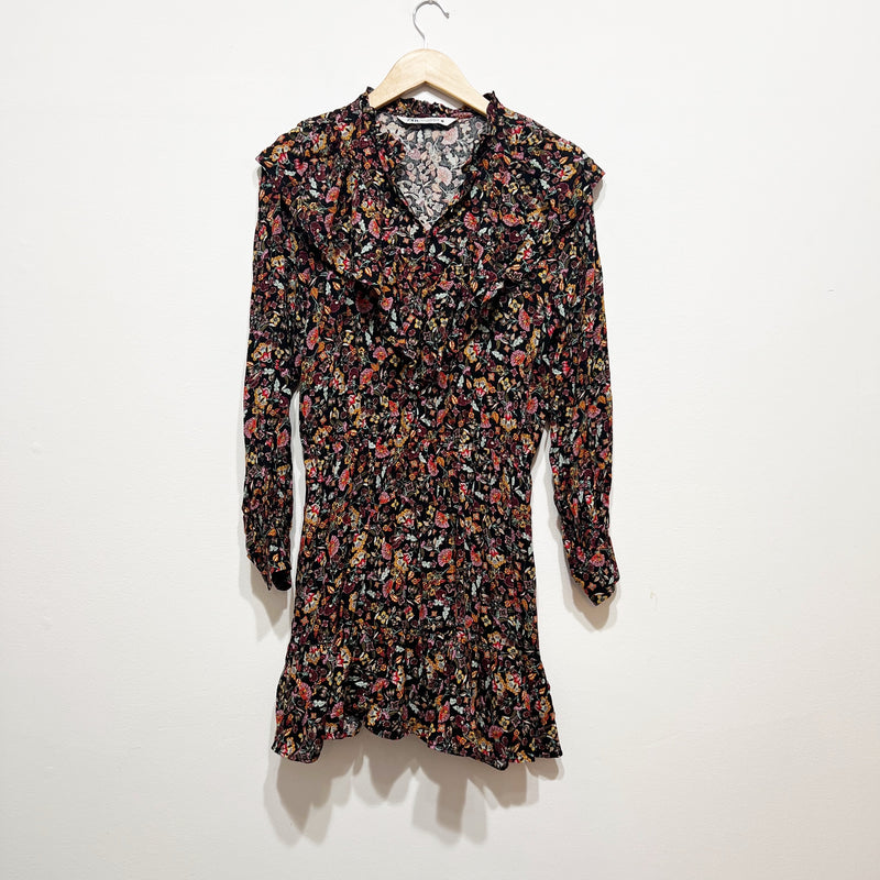 Zara Floral Flower Print Pattern Metallic Ruffle V Neck Mini Dress Medium