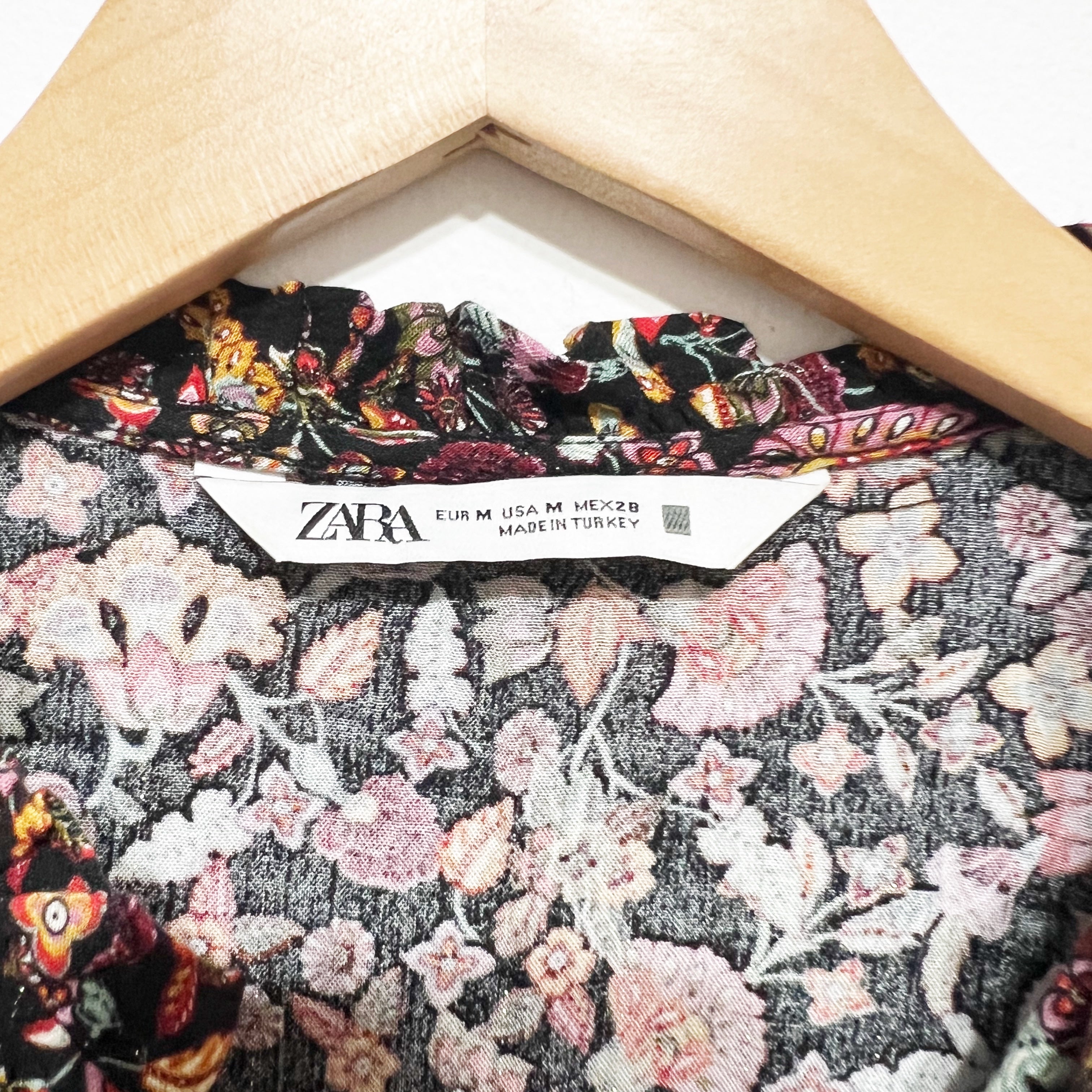 Zara Floral Flower Print Pattern Metallic Ruffle V Neck Mini Dress Medium