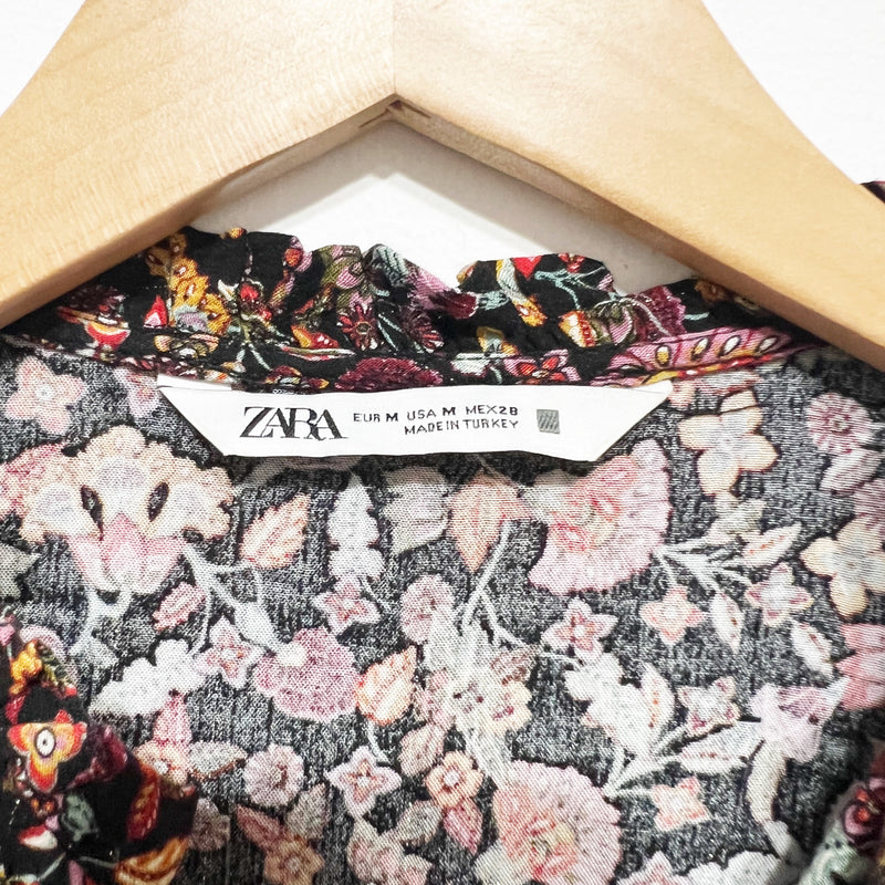 Zara Floral Flower Print Pattern Metallic Ruffle V Neck Mini Dress Medium