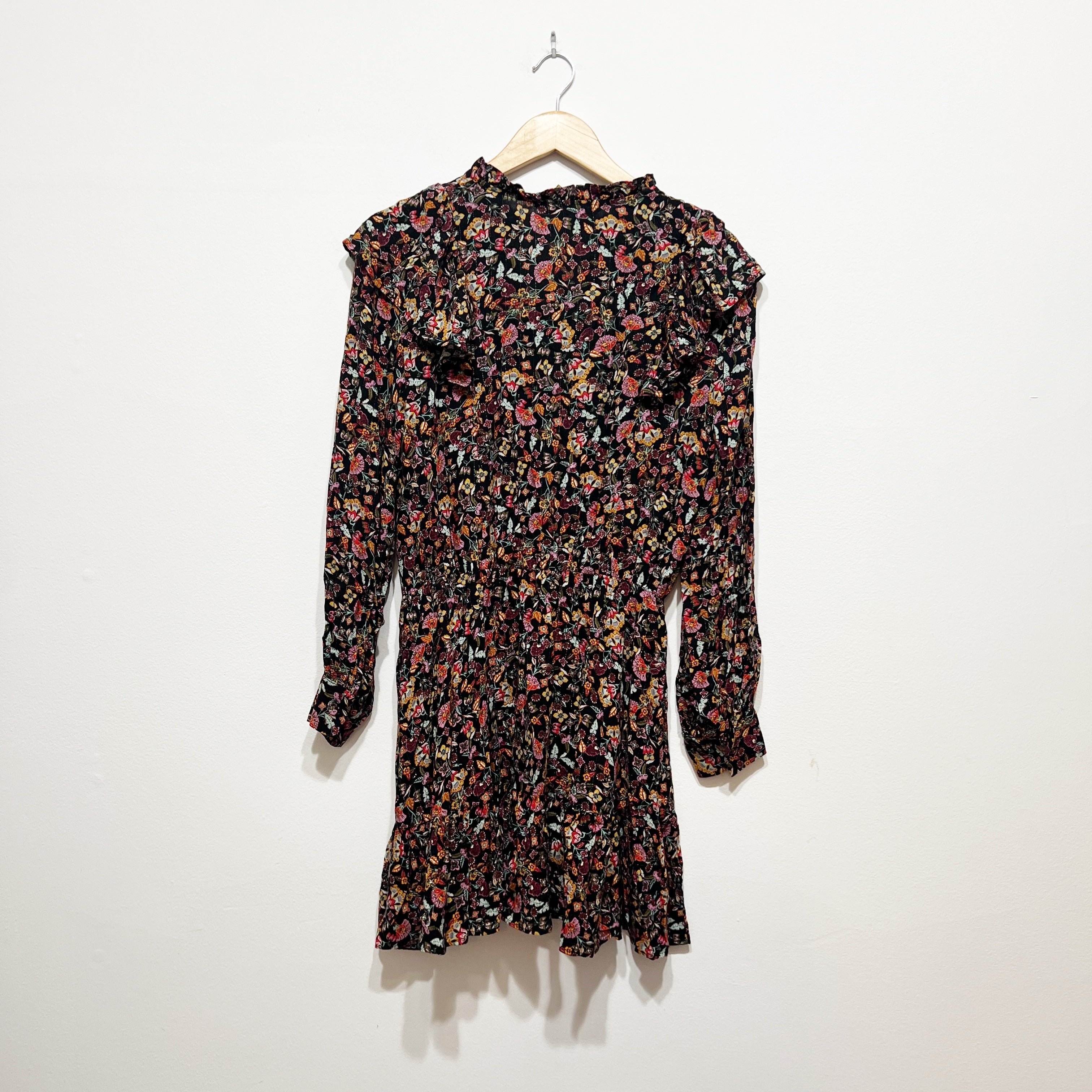 Zara Floral Flower Print Pattern Metallic Ruffle V Neck Mini Dress Medium