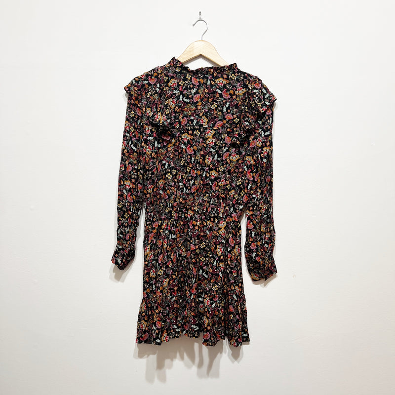 Zara Floral Flower Print Pattern Metallic Ruffle V Neck Mini Dress Medium