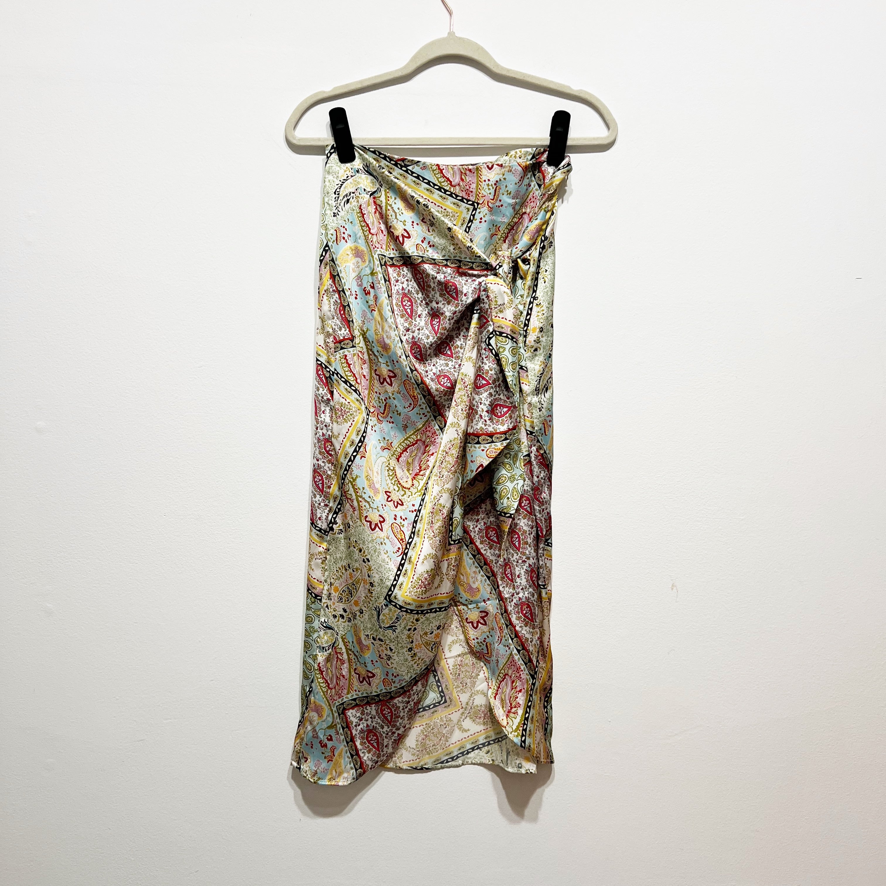 Zara Paisley Multi Print Pattern Satin Tie Twist Knot Straight Midi Skirt Small