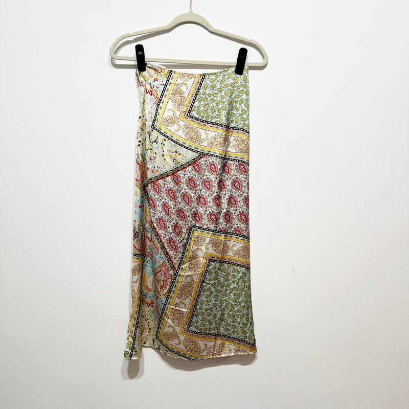 Zara Paisley Multi Print Pattern Satin Tie Twist Knot Straight Midi Skirt Small