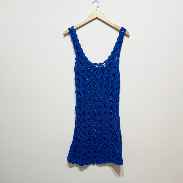 Zara Cotton Crochet Knit Semi Sheer Scoop Neck Sleeveless Mini Dress Blue Medium