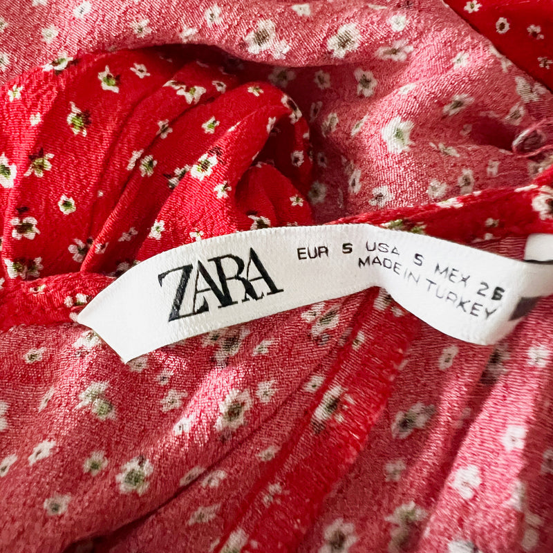 Zara Crepe Red White Micro Floral Flower Print Pattern Midi Slip Pullover Dress