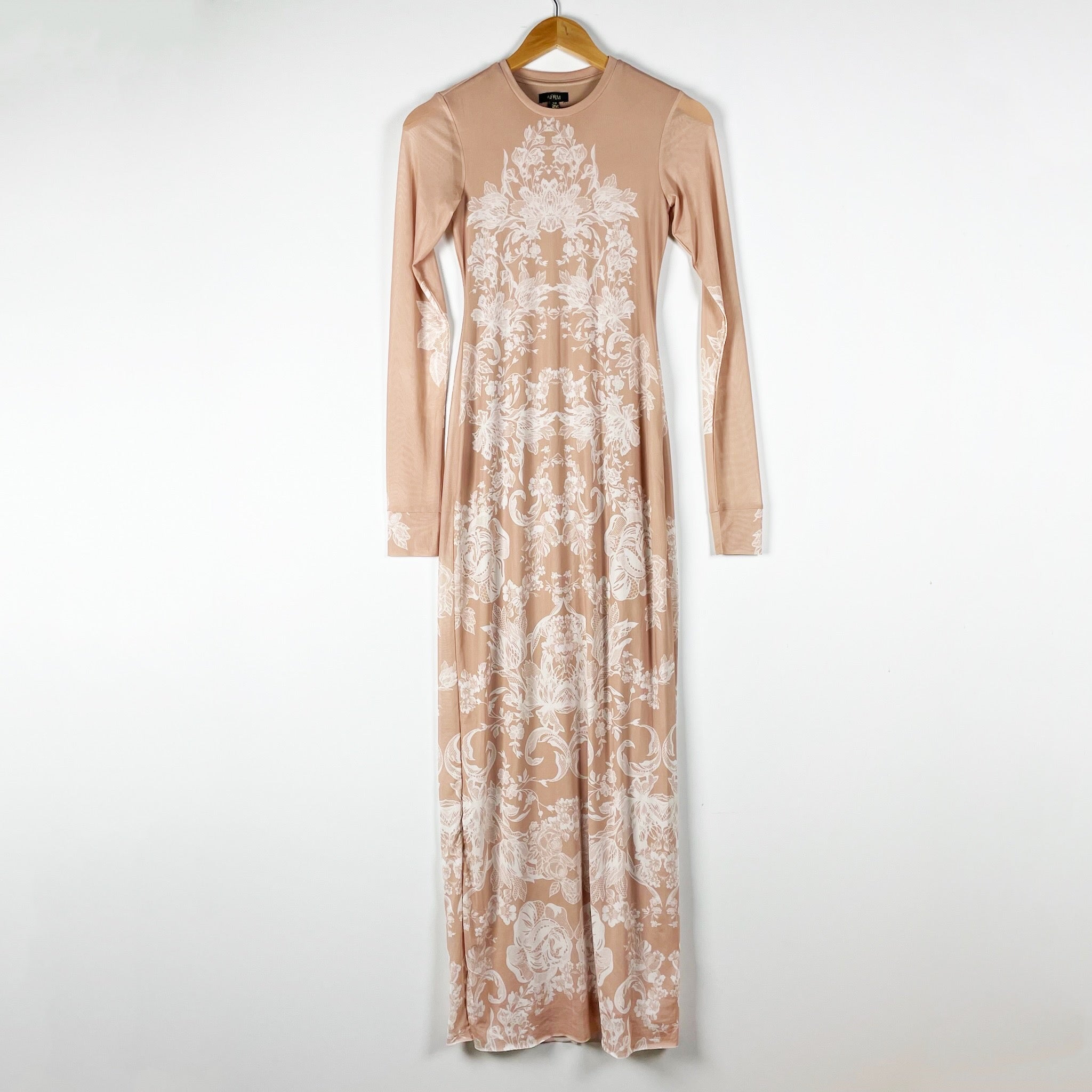 AFRM Shailene Mesh Stretch Bodycon Allover Almond Ombre Lace Midi Dress Small