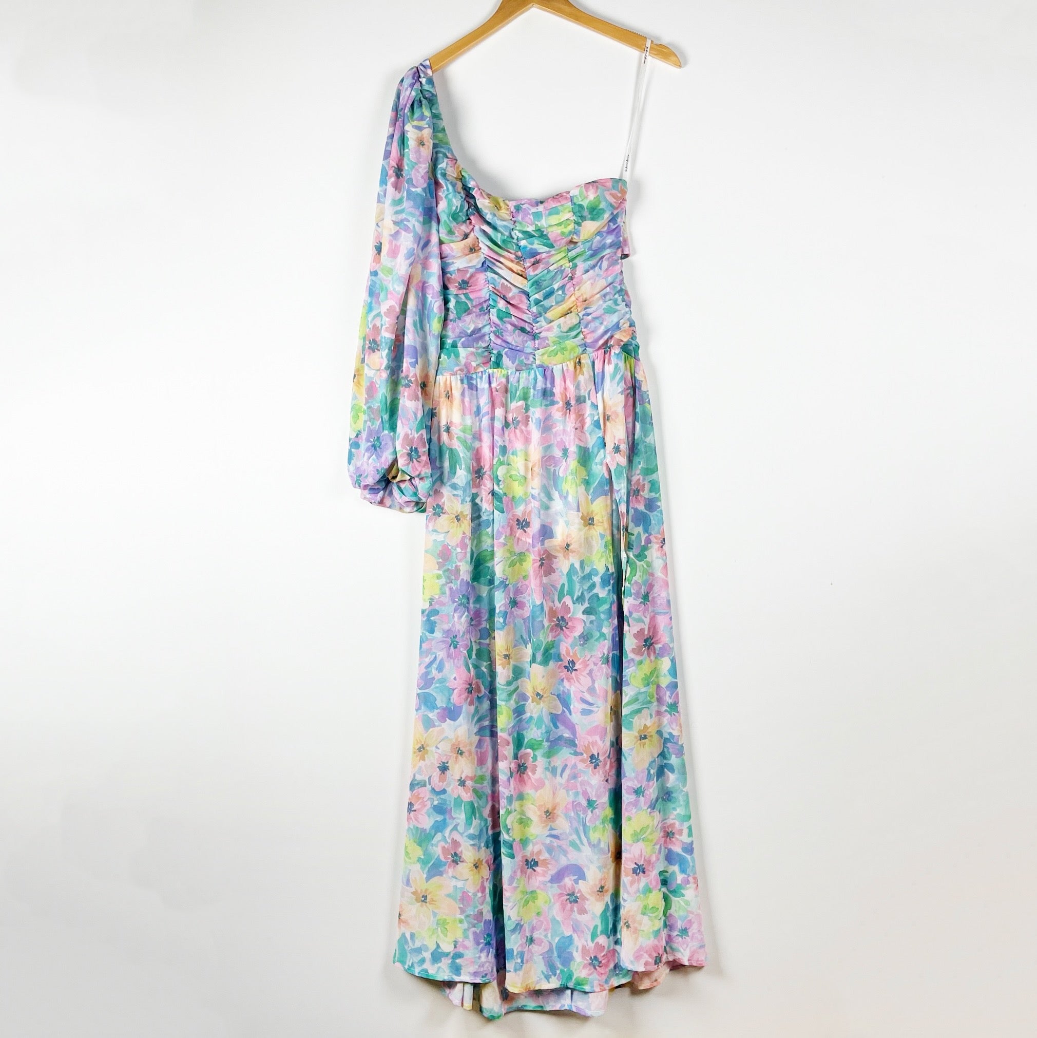 For Love And Lemons Blaire One Shoulder Ruched Chiffon Maxi Dress Watercolor S