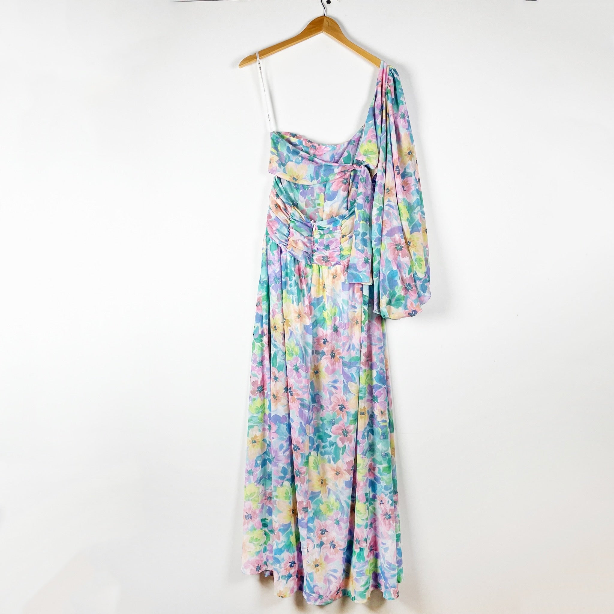 For Love And Lemons Blaire One Shoulder Ruched Chiffon Maxi Dress Watercolor S