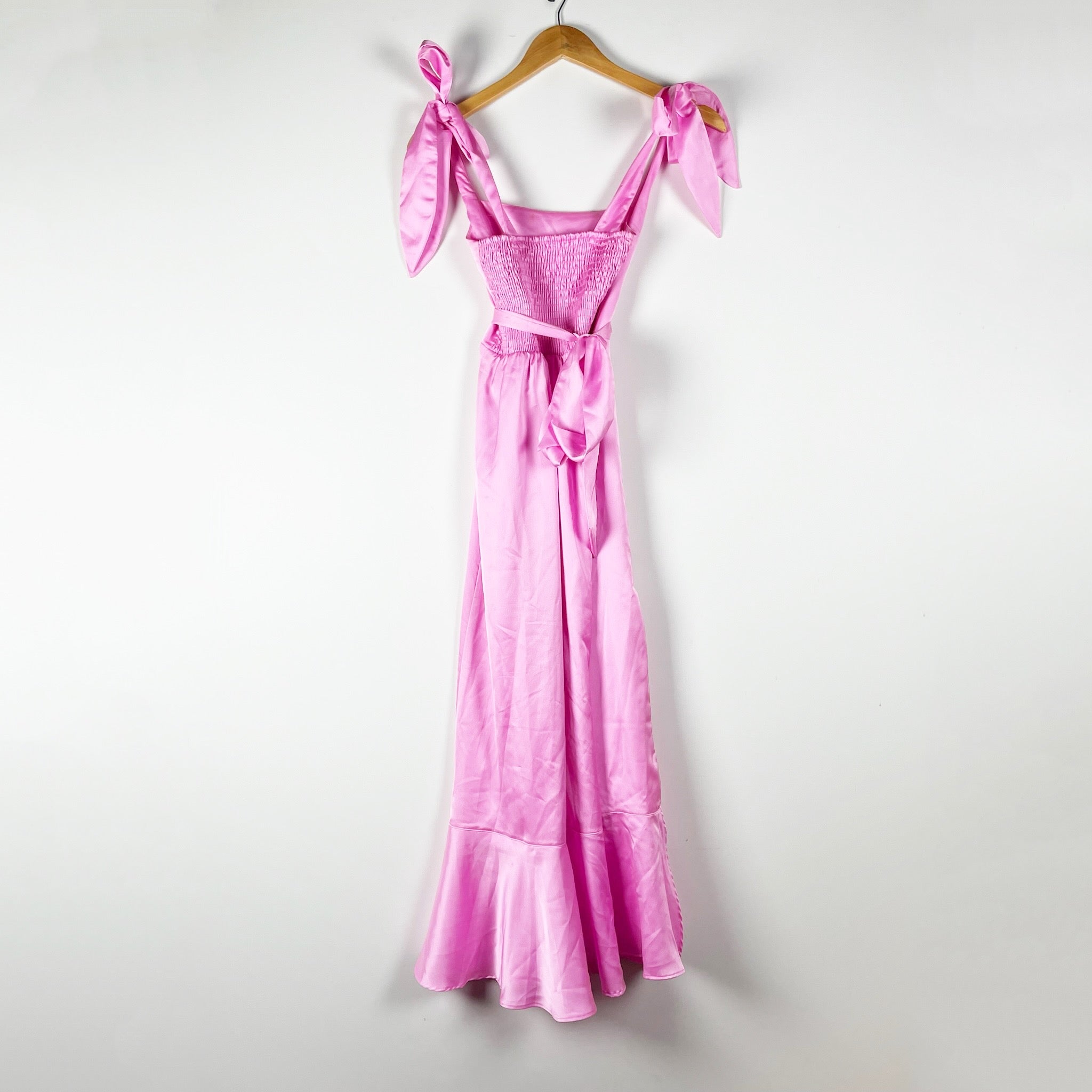 Show Me Your Mumu Garden Midi Dress Ruffle Square Neck Pink Luxe Satin Small