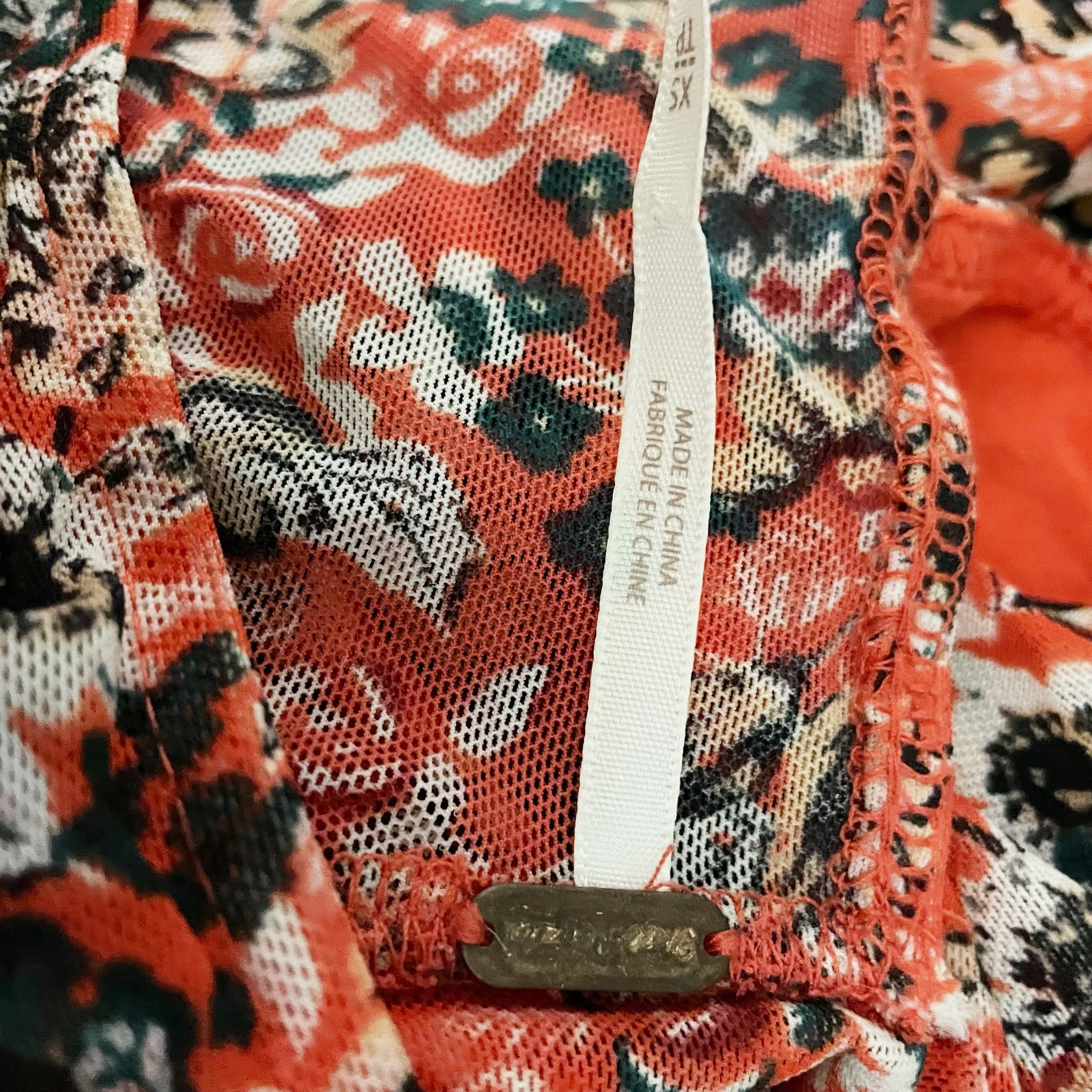 Free People All Dolled Up Mock Neck Long Sleeve Mesh Blouse Shirt Top Red Combo