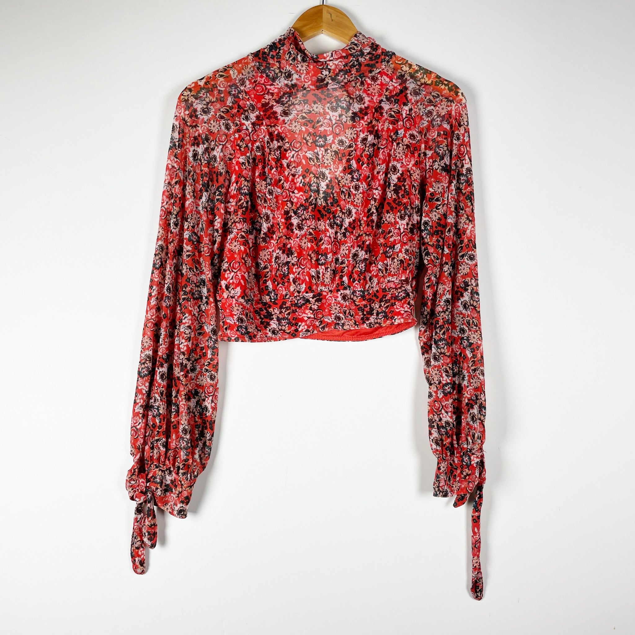 Free People All Dolled Up Mock Neck Long Sleeve Mesh Blouse Shirt Top Red Combo