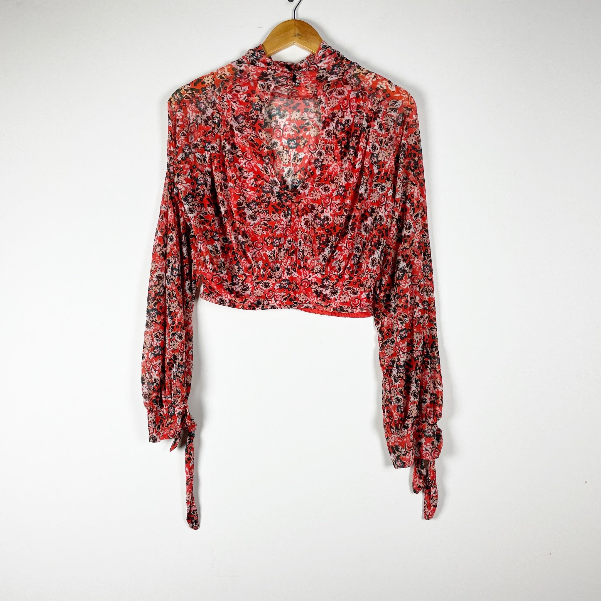 Free People All Dolled Up Mock Neck Long Sleeve Mesh Blouse Shirt Top Red Combo