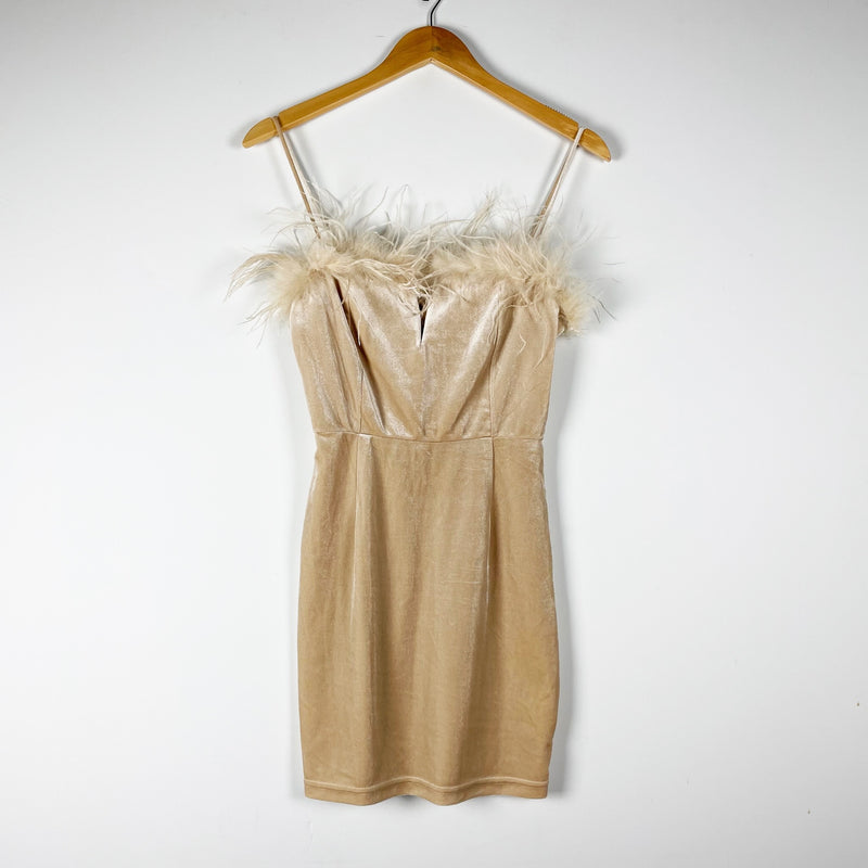 Superdown Erika Velvet Velour Feather Trim Bodycon Mini Party Cocktail Dress S