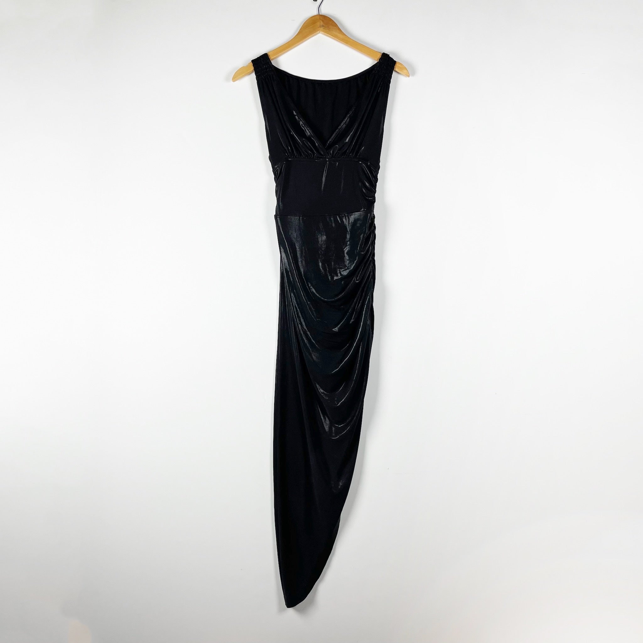 Norma Kamali Tara Bodycon Side Drape Ruched Gown Dress Black Metallic Lame Small