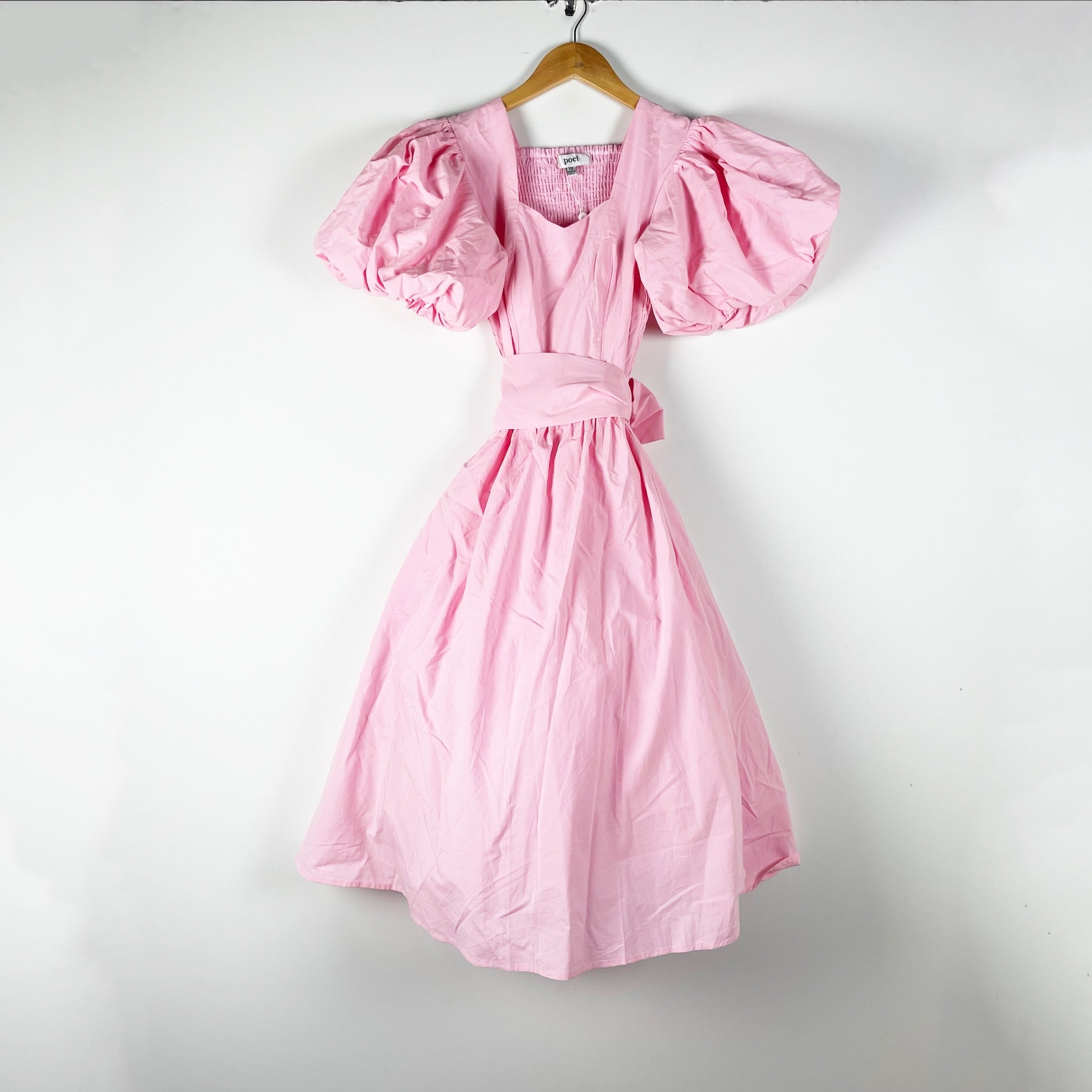 NEW Poet Ode Cotton Modal Puff Short Sleeve Midi Dress Peony Pink XS