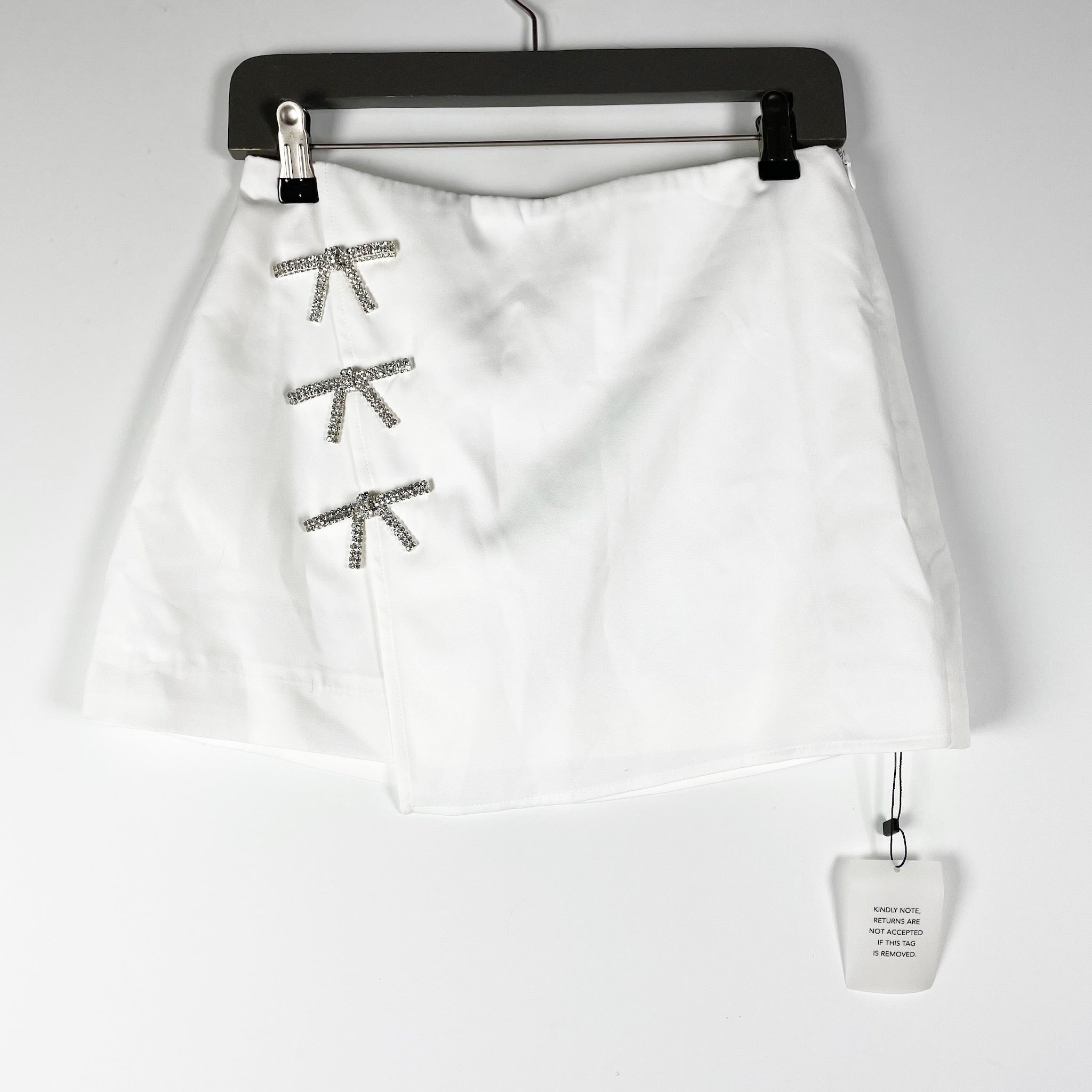 NEW More To Come Ember Faux Wrap Crystal Jewel Diamond Bow Mini Skirt White S
