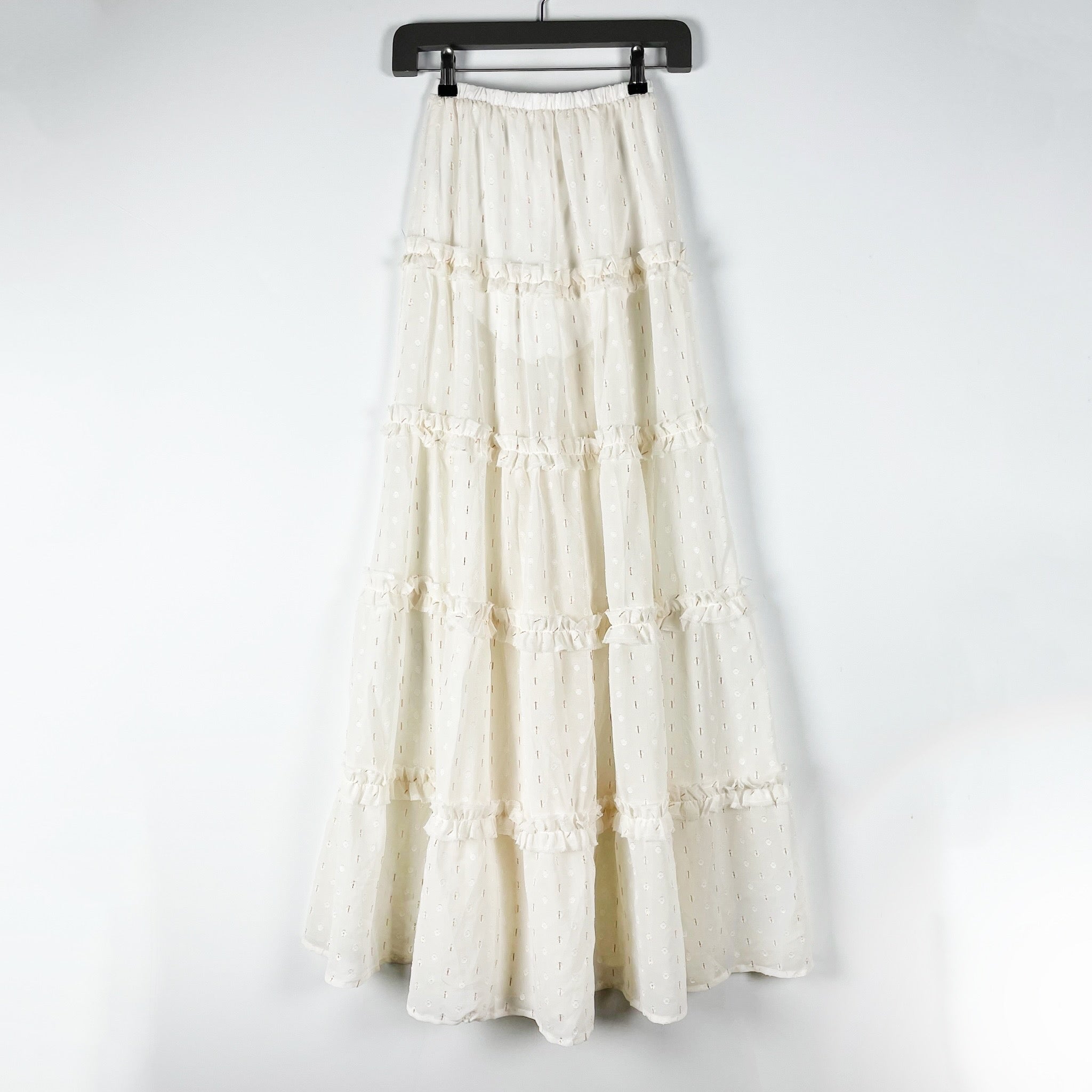 AFRM Sabina Semi Sheer Chiffon Tiered Maxi Skirt Gardenia Gold Swiss Dot XS