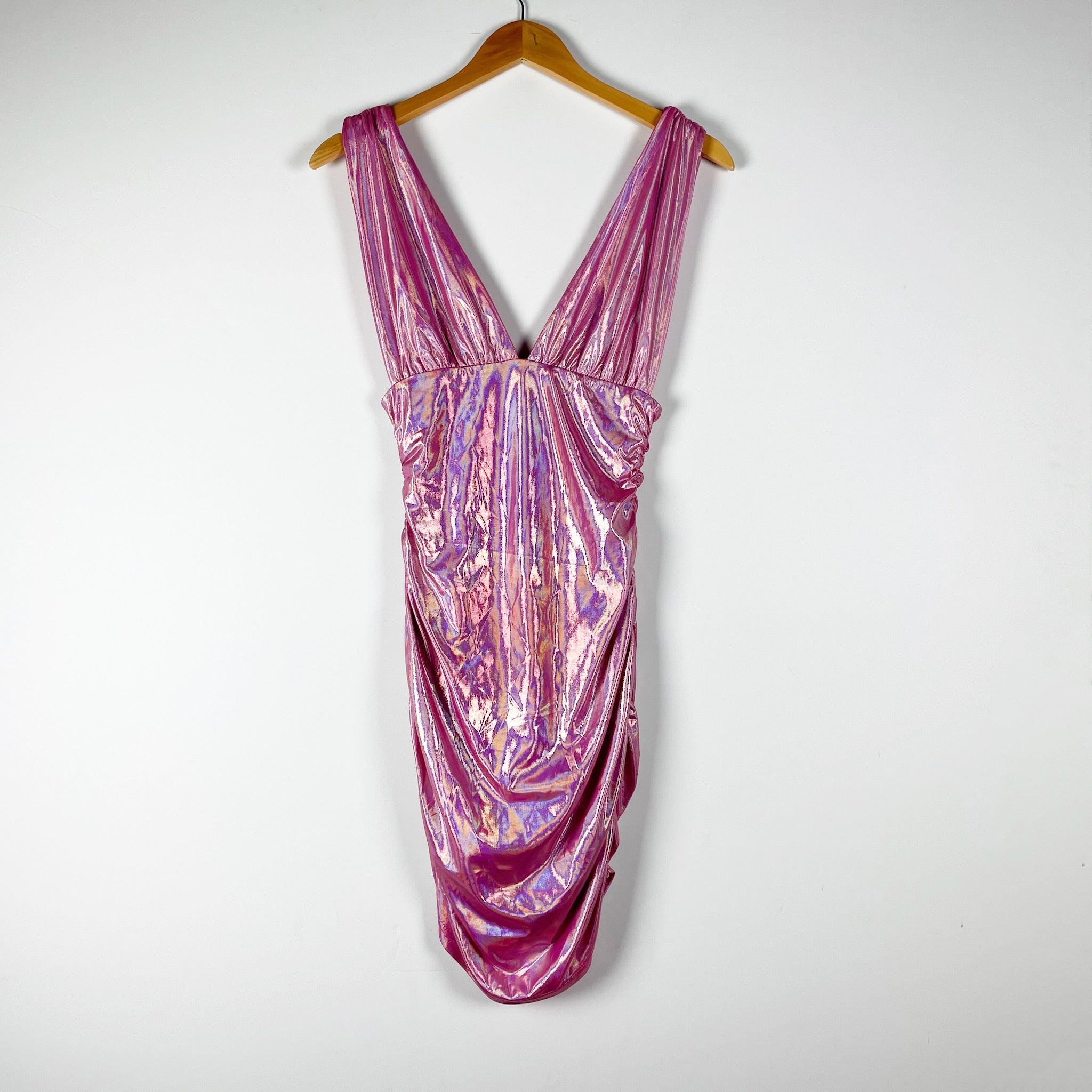 Superdown Kerrie Deep V Neck Pink Holographic Shine Cocktail Mini Dress Small