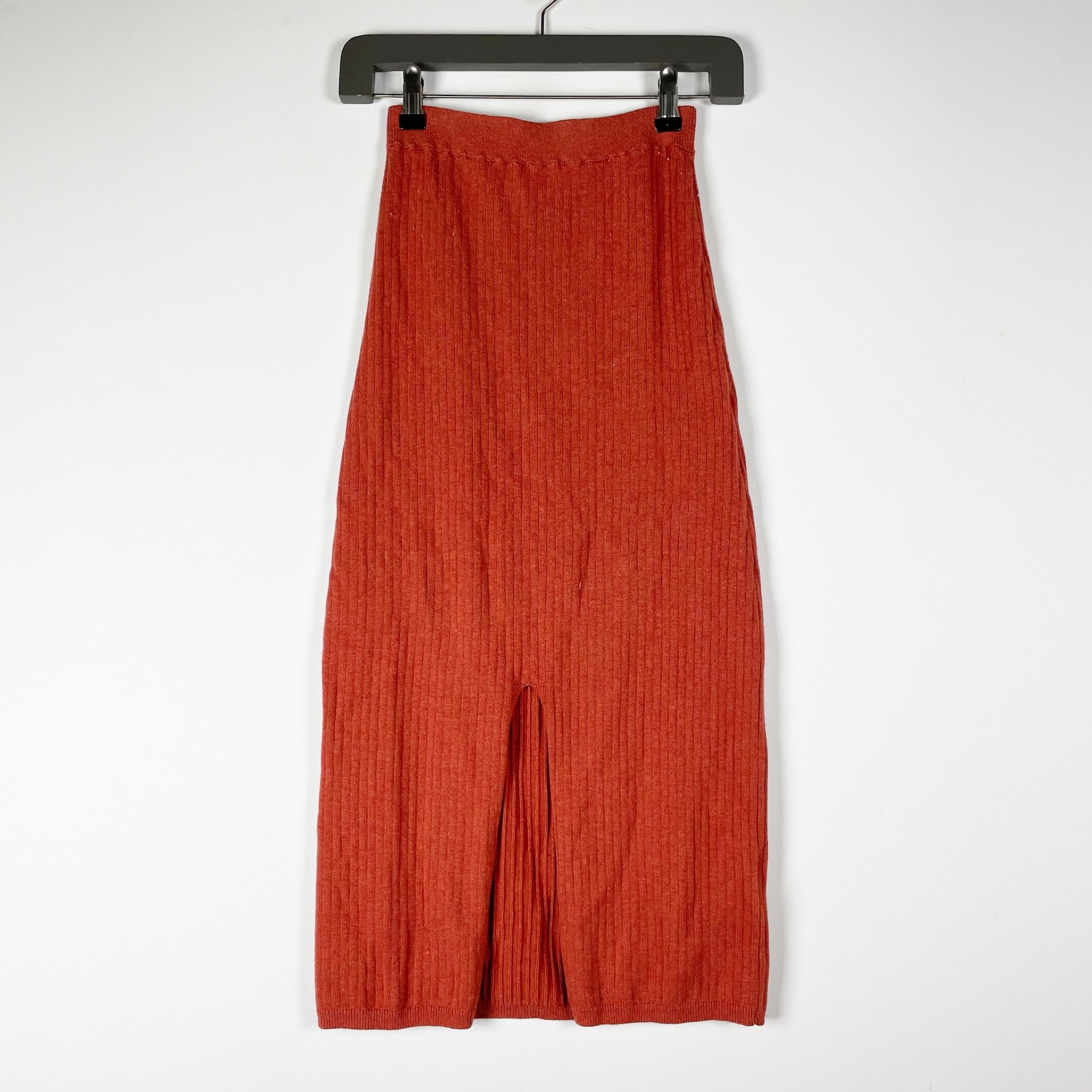 Free People Skyline Cotton Ribbed Knit Stretch Pull On Midi Skirt Orange Small