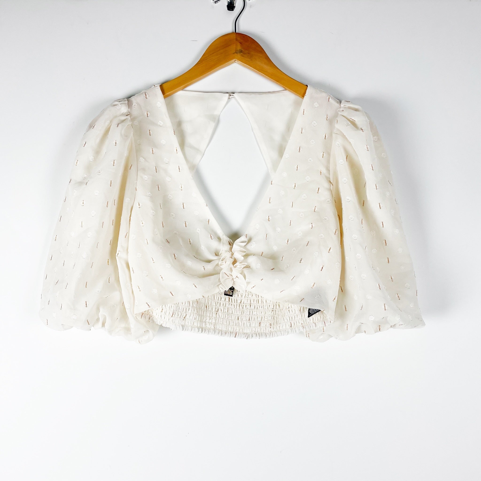 AFRM Emily Puff Half Sleeve Chiffon Gardenia Gold Swiss Dot Crop Top Blouse XS