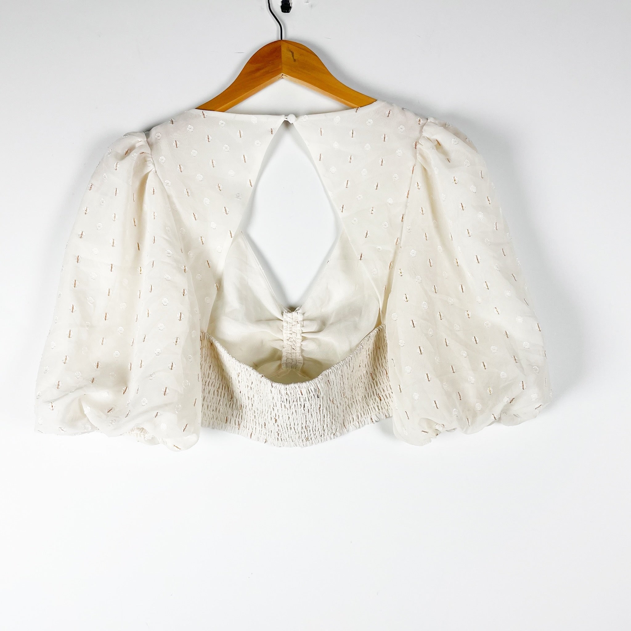 AFRM Emily Puff Half Sleeve Chiffon Gardenia Gold Swiss Dot Crop Top Blouse XS