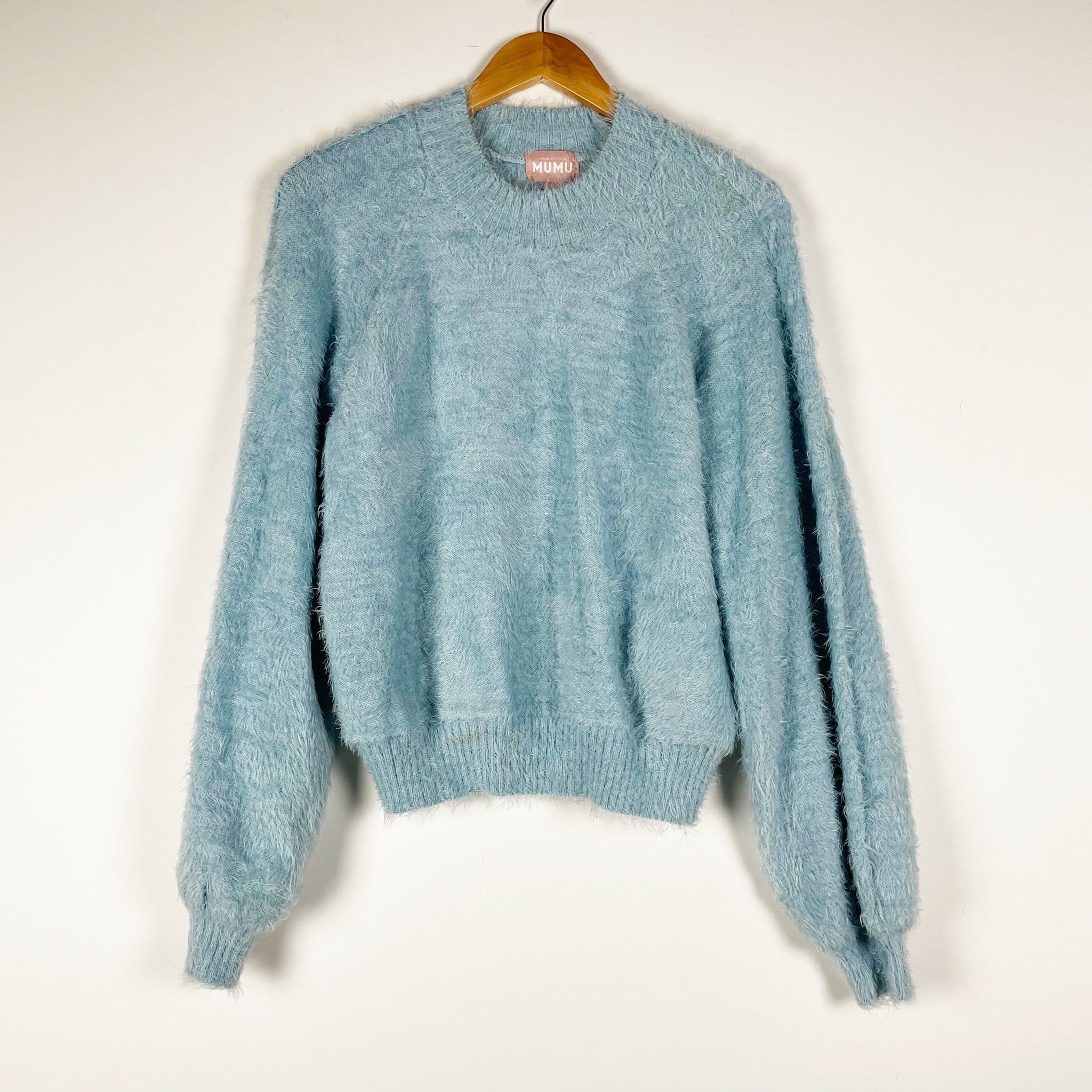Show Me Your Mumu Vienna Fuzzy Knit Stretch Crew Neck Pullover Sweater Blue S