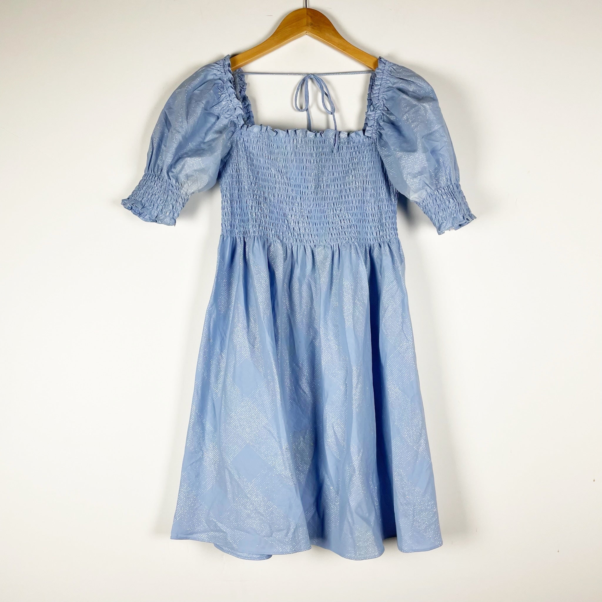 Hill House Home The Lila Mini Nap Dress Light Blue Glitter Sparkle Check Small